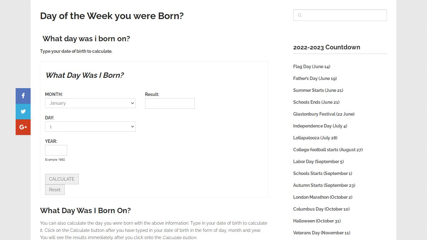 Day of the Week you were Born? Untildays.com